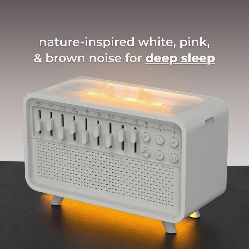 White noise machine with glowing interior on a dark surface and gradient background
