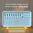 White noise machine with text indicating ultra-realistic white, pink, and brown noise for deep sleep.