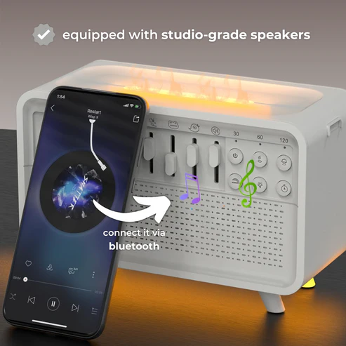 White electronic device with smartphone showing music app, labeled 'equipped with studio-grade speakers' and 'connect it via Bluetooth'.