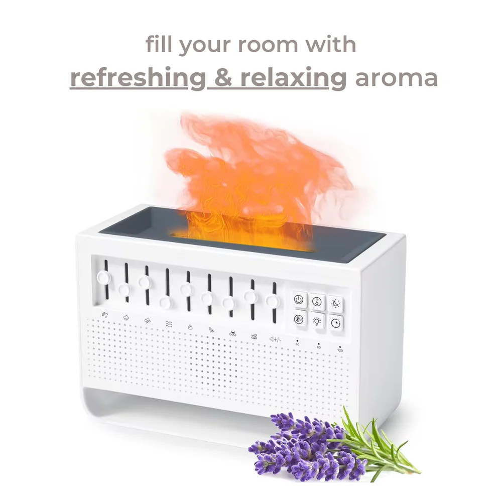 White electronic device with orange light and lavender flowers on a white background